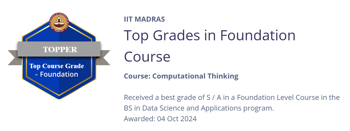 IIT Madras Topper Badge